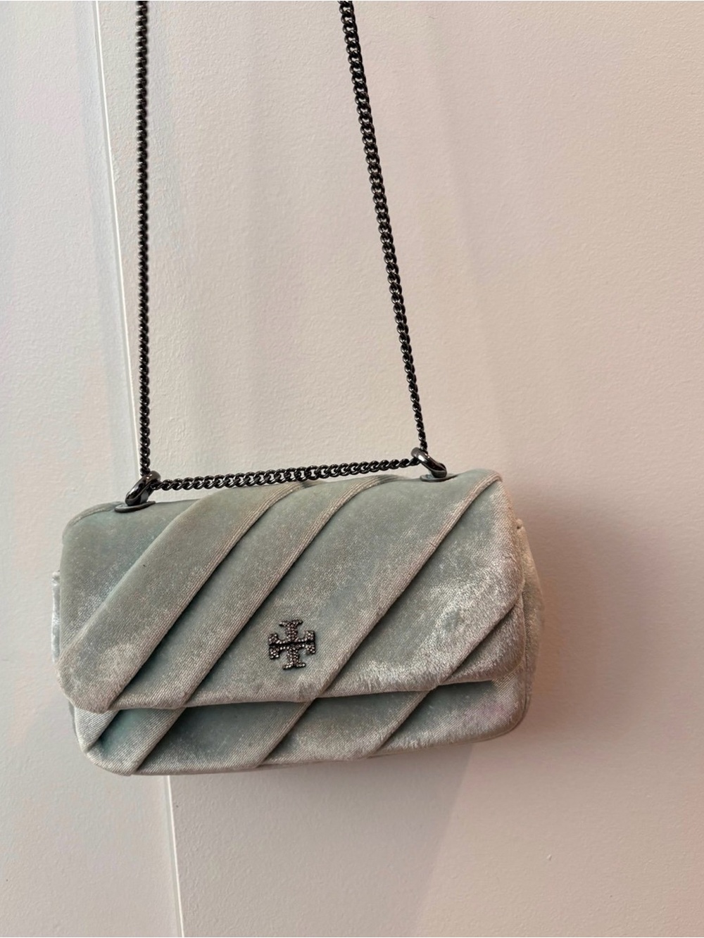 Tory Burch Velvet Quilted Chain Shoulder Bag in Sage